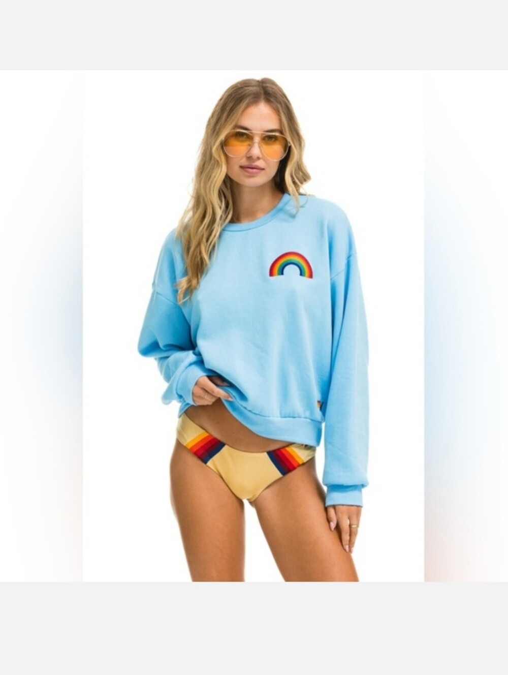 AVIATOR NATION Rainbow Embroidery Relaxed Sweatshirt in Sky Blue S